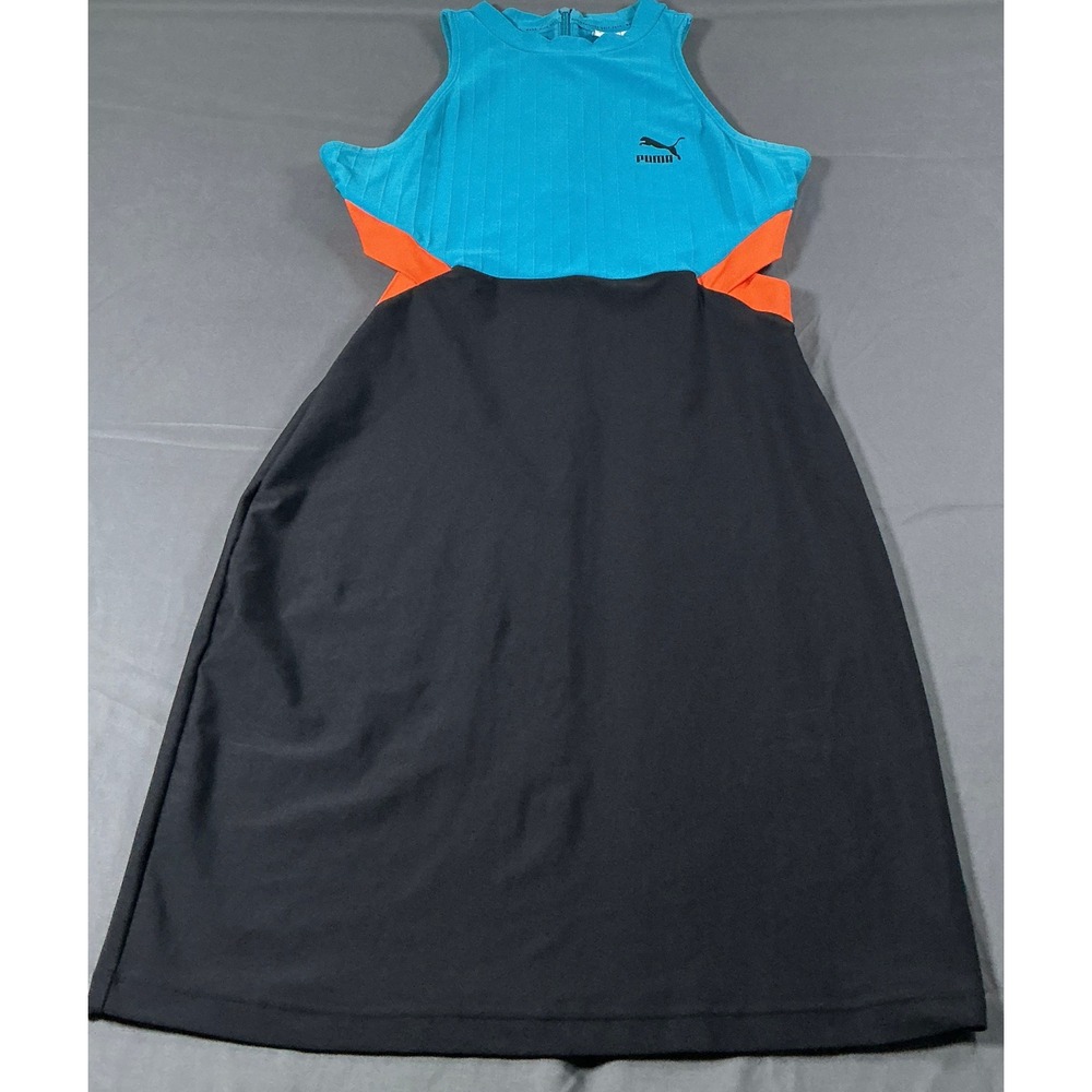 Puma Womens Colorblock Cut-Out Ribbed Mock Neck Athletic Dress Blue Black Size M